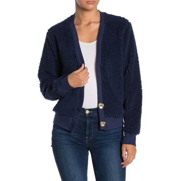 Socialite Sweaters - Navy Blue Fuzzy Cardigan Faux Shearling Socialite Size L
